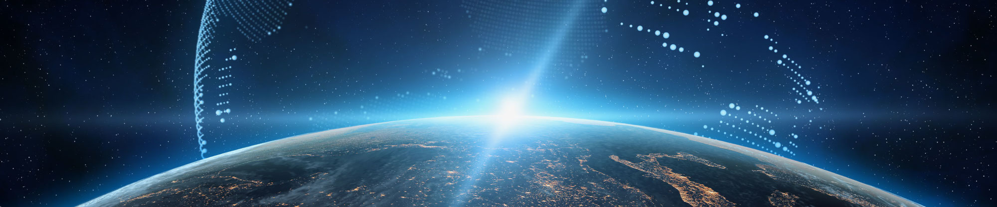 福井大学 産学連携 Reskilling Ecosystem 構築事業のメインビジュアル。宇宙から見た地球と人工衛星を描いたデザイン
