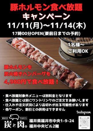 【炭と肉。】豚ホルモン&炭火焼きハンバーグ120分食べ放題キャンペーン！【1名様からOK】