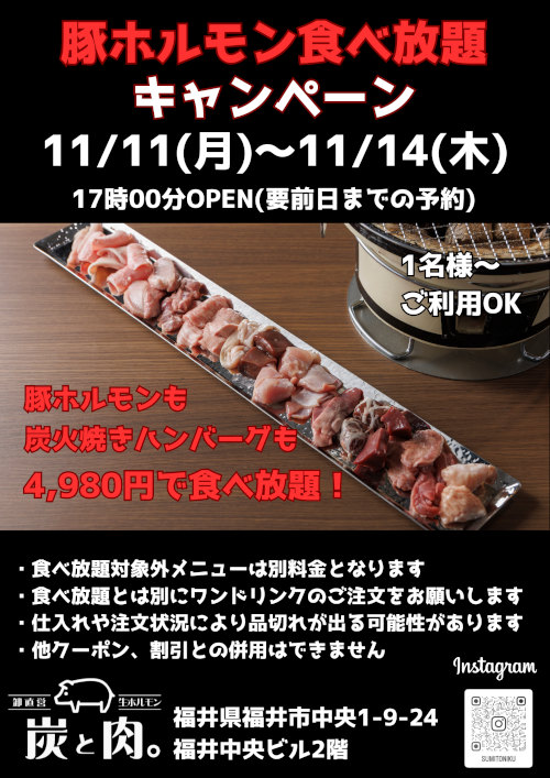 【炭と肉。】豚ホルモン&炭火焼きハンバーグ120分食べ放題キャンペーン！【1名様からOK】 メイン画像