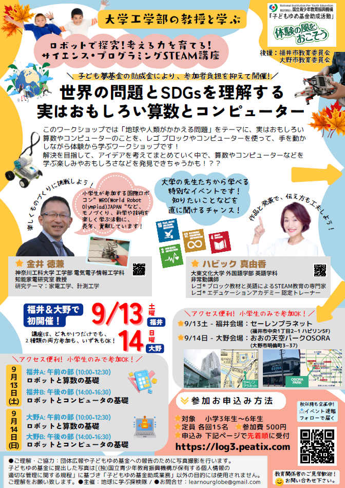9/14日大野 ｜大学工学部の教授と学ぶ 秋の特別プログラミング講座 ｜世界の問題を理解する 実はおもしろい算数とコンピューター！ メイン画像
