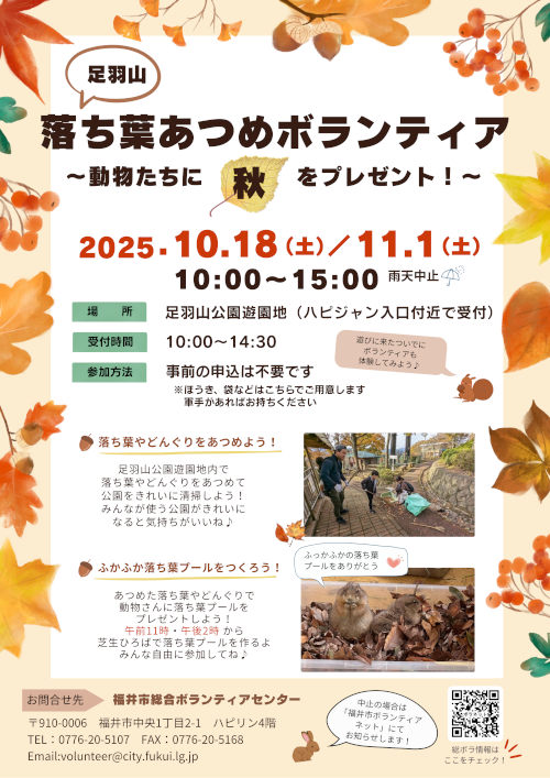 足羽山で落ち葉あつめボランティア～動物たちに秋をプレゼント！～ メイン画像