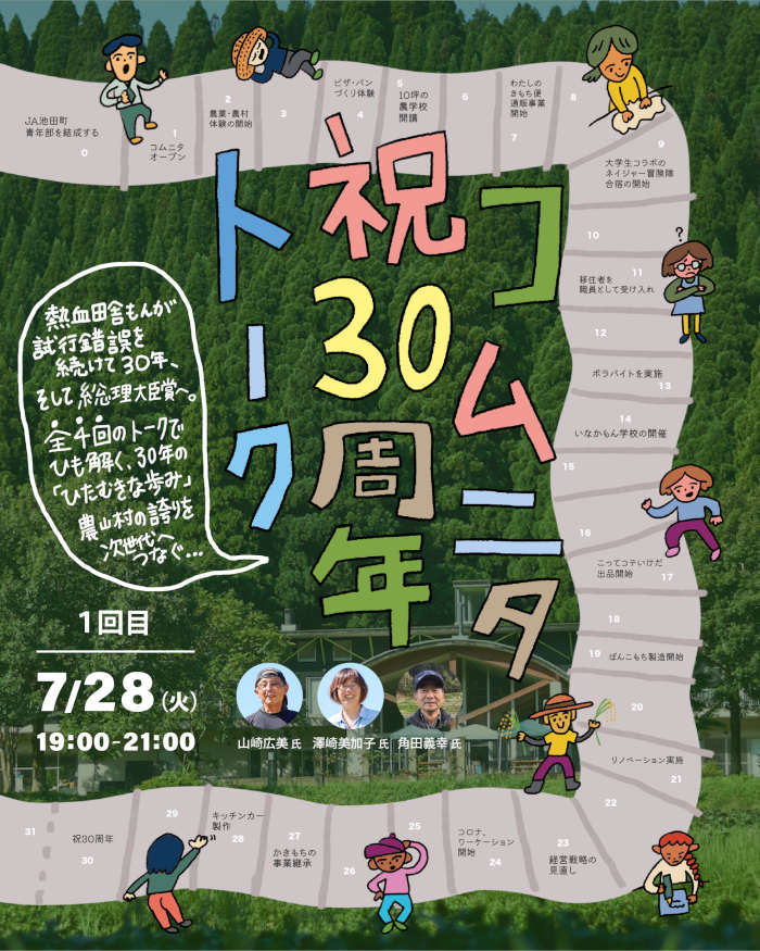 コムニタ祝30周年トーク〜熱血田舎もんが試行錯誤を続けて30年、そして総理大臣賞へ。全4回のトークでひも解く30年のひたむきな歩み。農山村の誇りを次世代へつなぐ〜 メイン画像